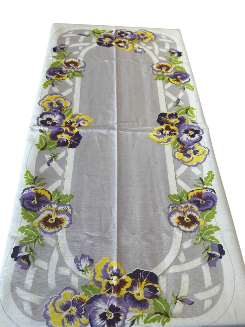 Vintage 1950s California Hand Print Tablecloth | Pansy Basket Pattern | Like New